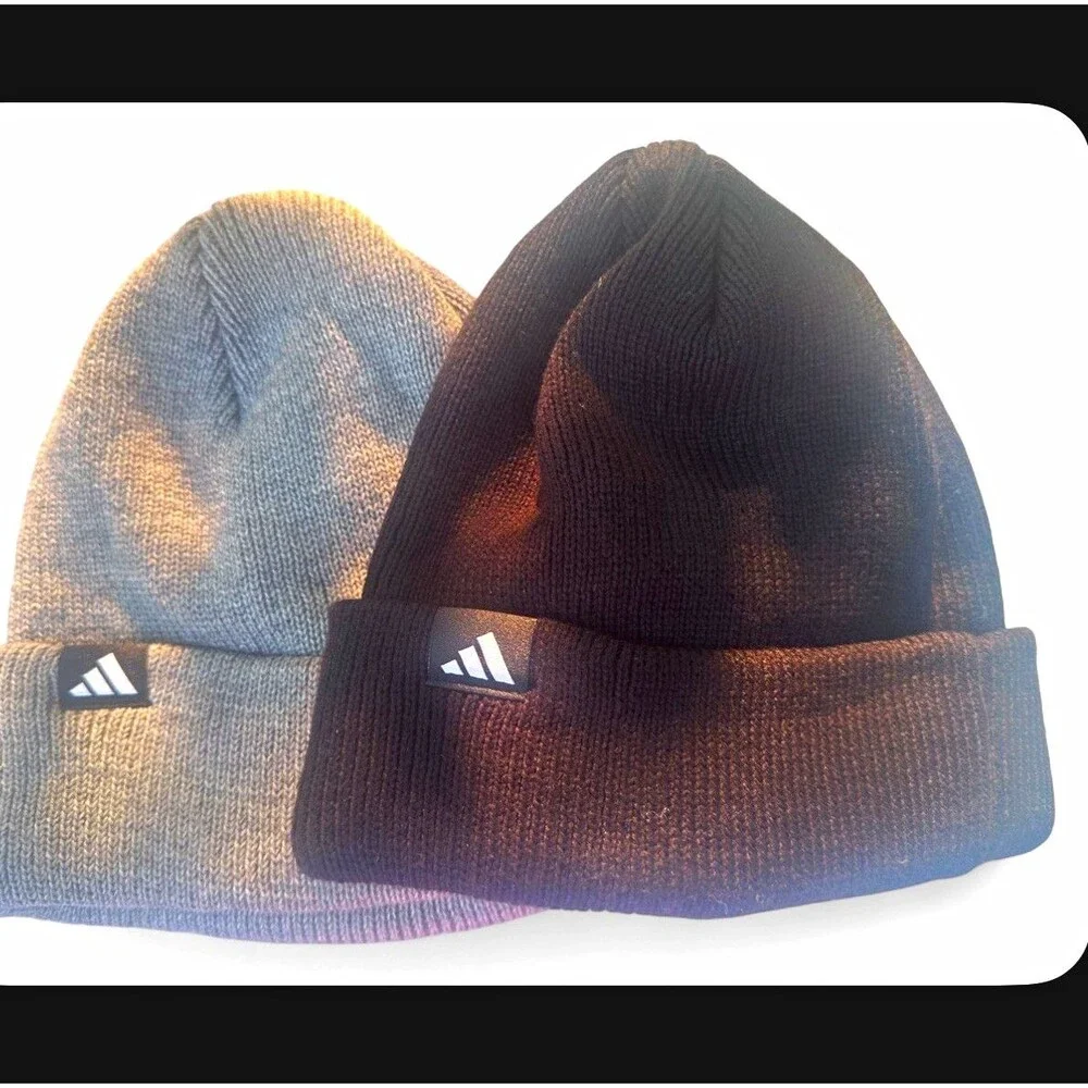 adidas Solid Knit Beanie Hat Lot of 2 Black Gray Unisex Adults One Size